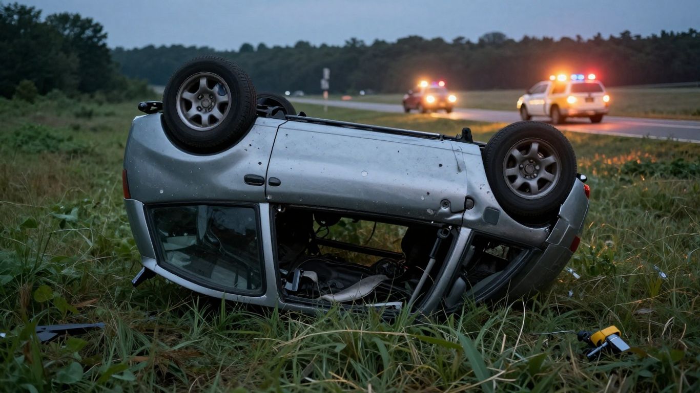 Car overturned on its roof after a rollover accident.