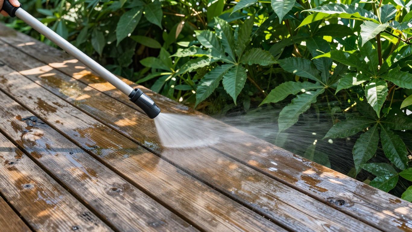 Power washing a deck surrounded by green plants.
