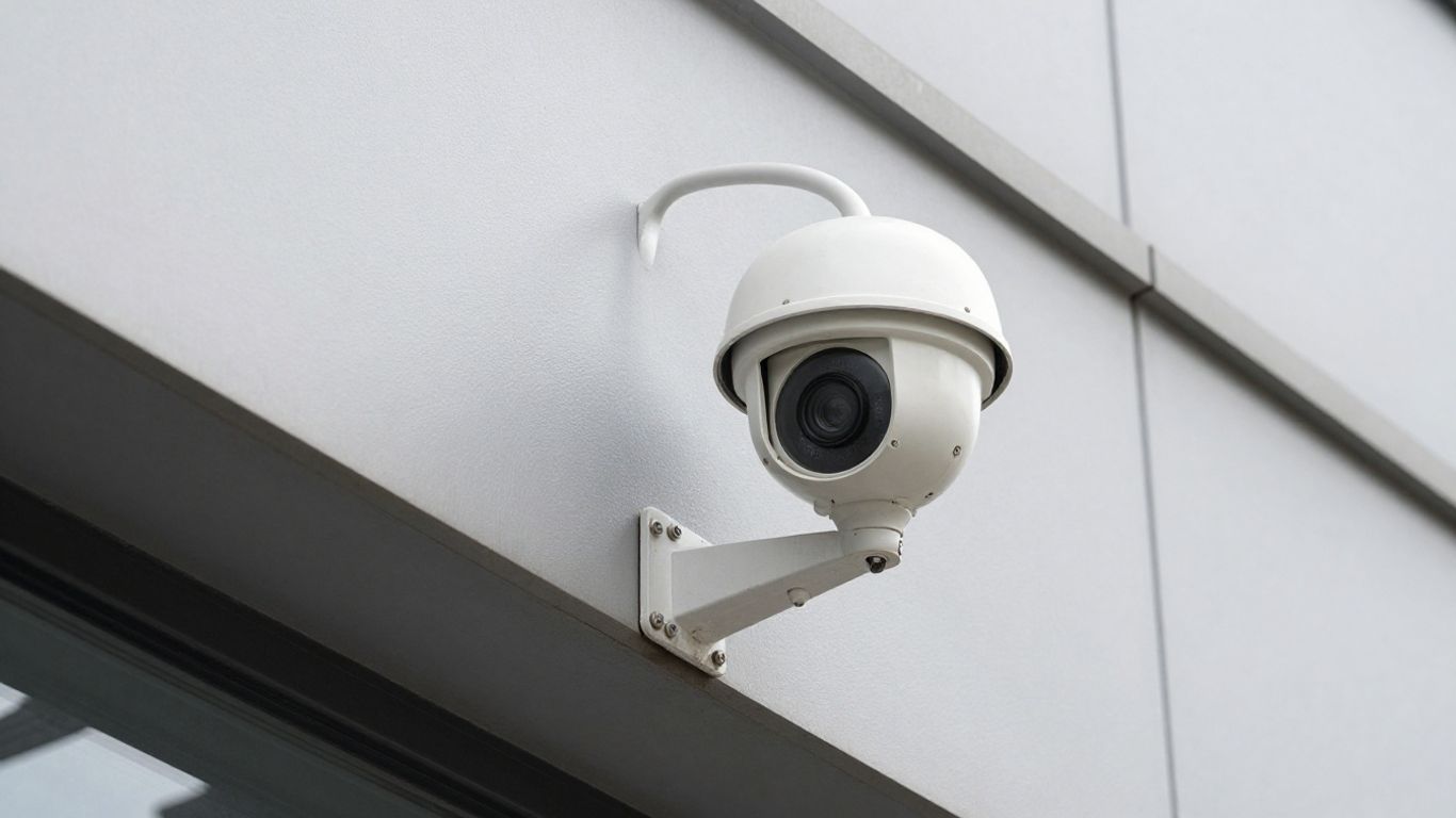 Technician inspecting an outdoor CCTV camera