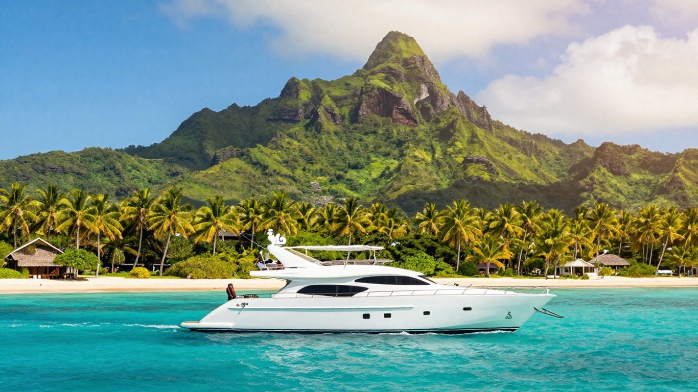 Sailing yacht in French Polynesia with volcanic islands.