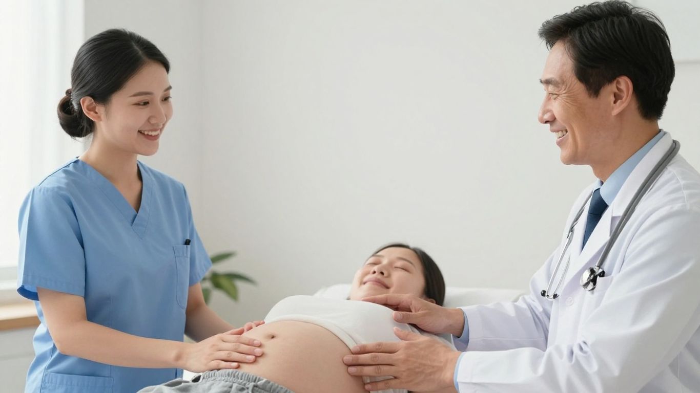 Doctor and midwife with pregnant person choosing care.
