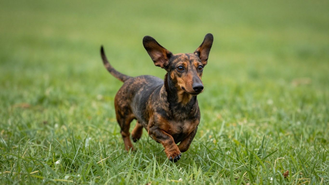 Dackel läuft im Freien auf Kommando zurück.