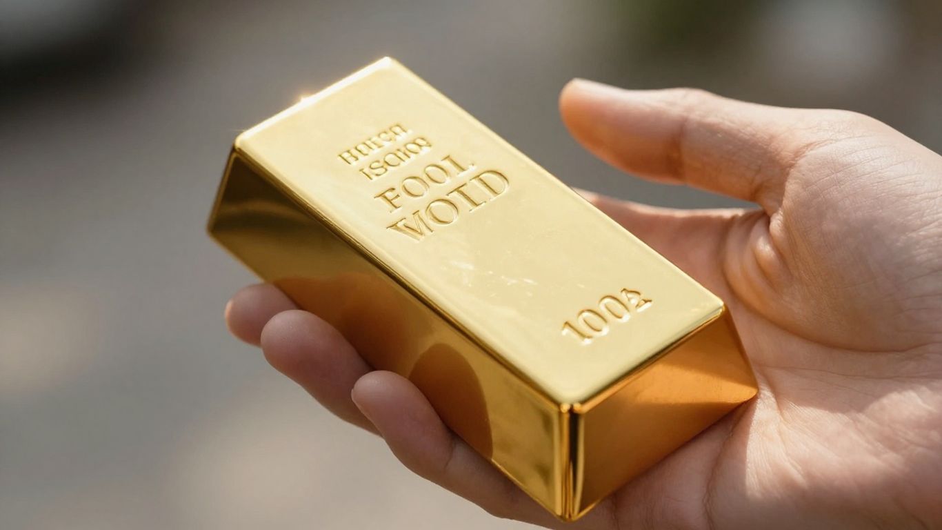 Main d'or tenant une barre d'or brillante.