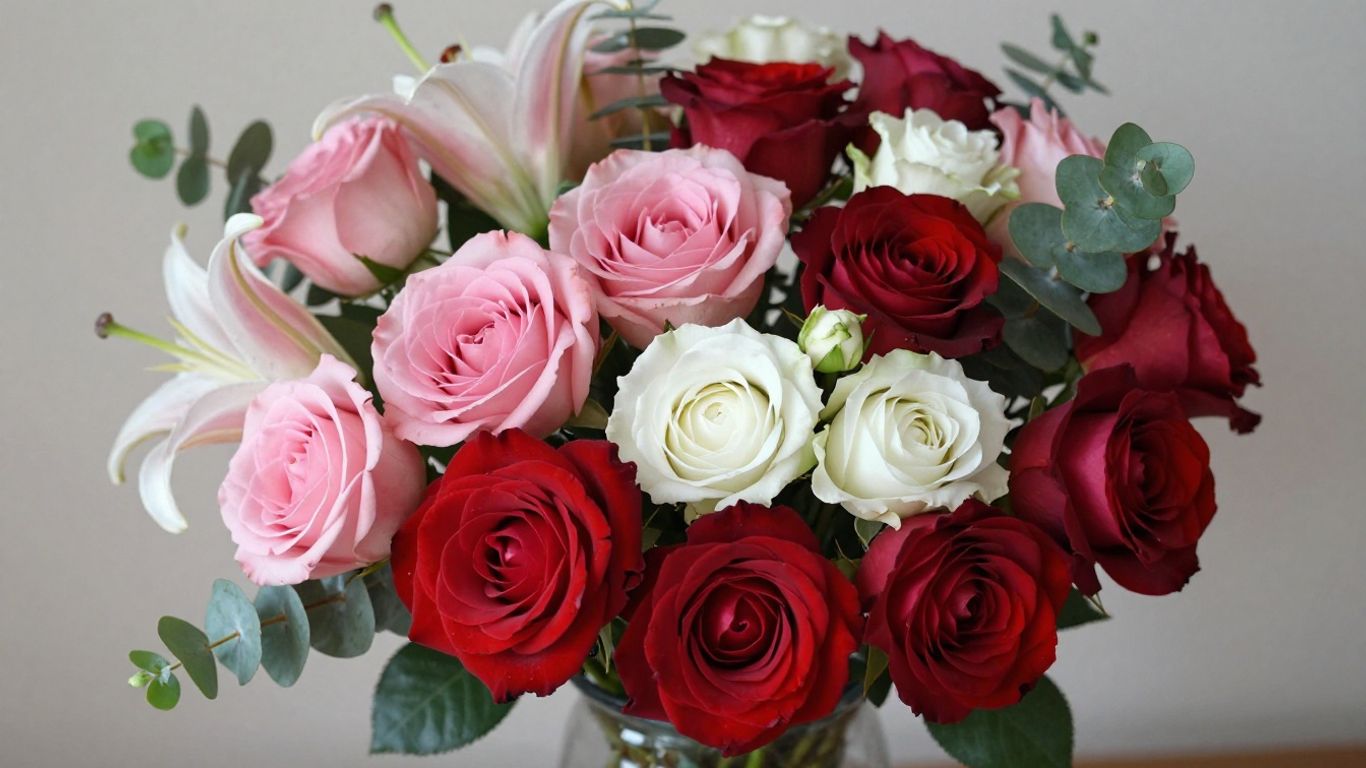 Beautiful floral arrangement with roses, lilies, and eucalyptus.