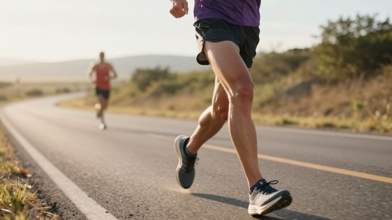 Runner pushing hard towards a finish line.