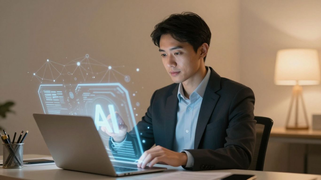 Businessperson interacting with AI for recommendations.