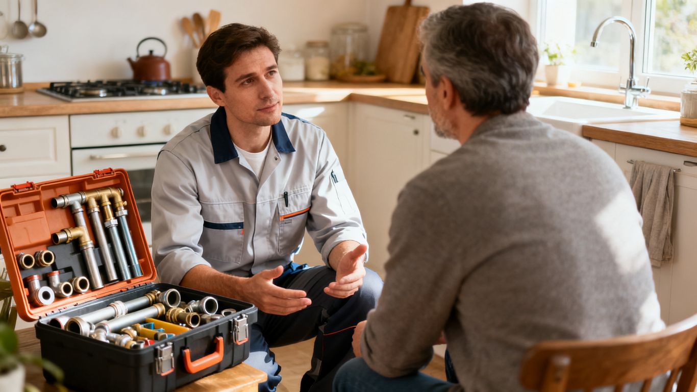 Plumber explaining repair options to homeowner