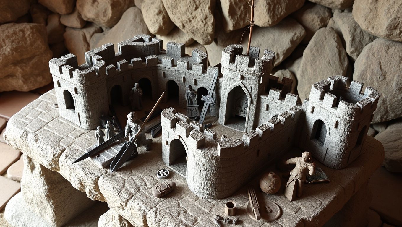 Diversas armas místicas e poções espalhadas em uma mesa de pedra de um castelo