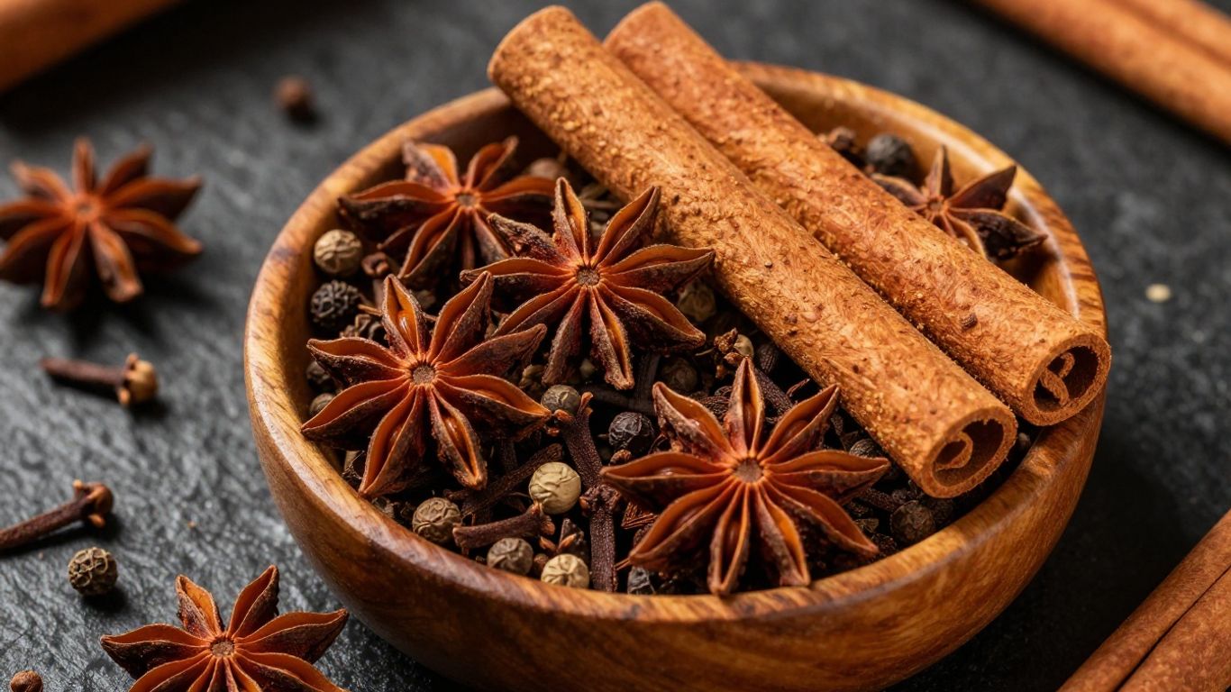 Aromatic Indian spice blend in a wooden bowl.