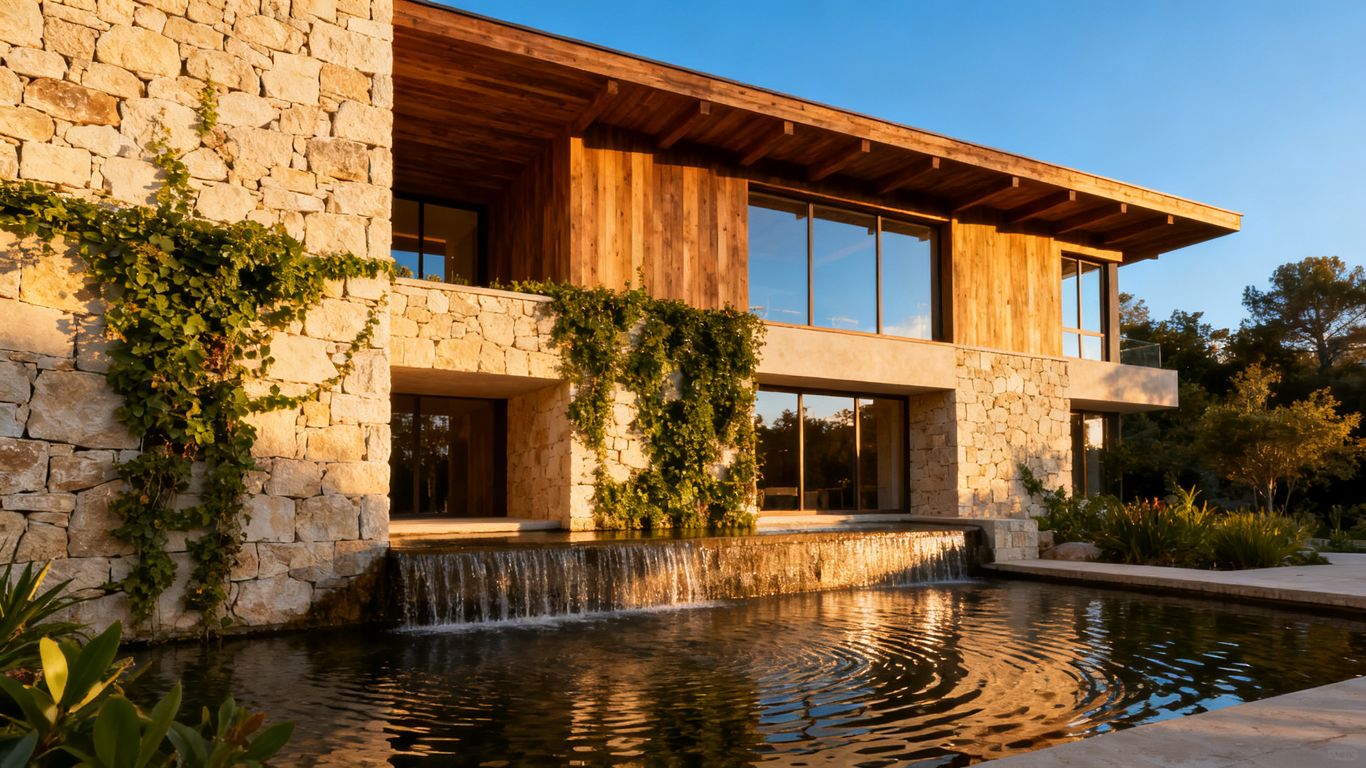 Architecture integrating natural elements like stone, wood, and water.