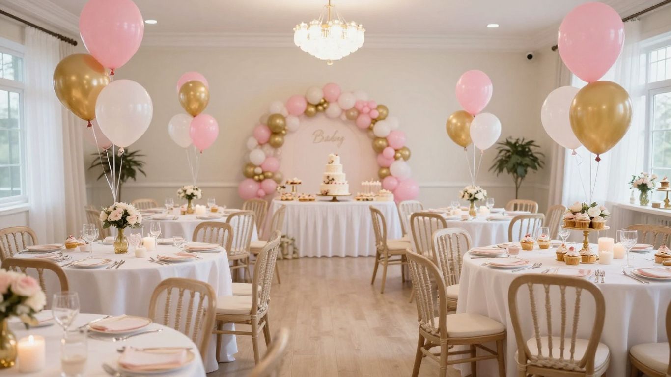 Decorated baby shower venue with balloons, cake, and cupcakes.