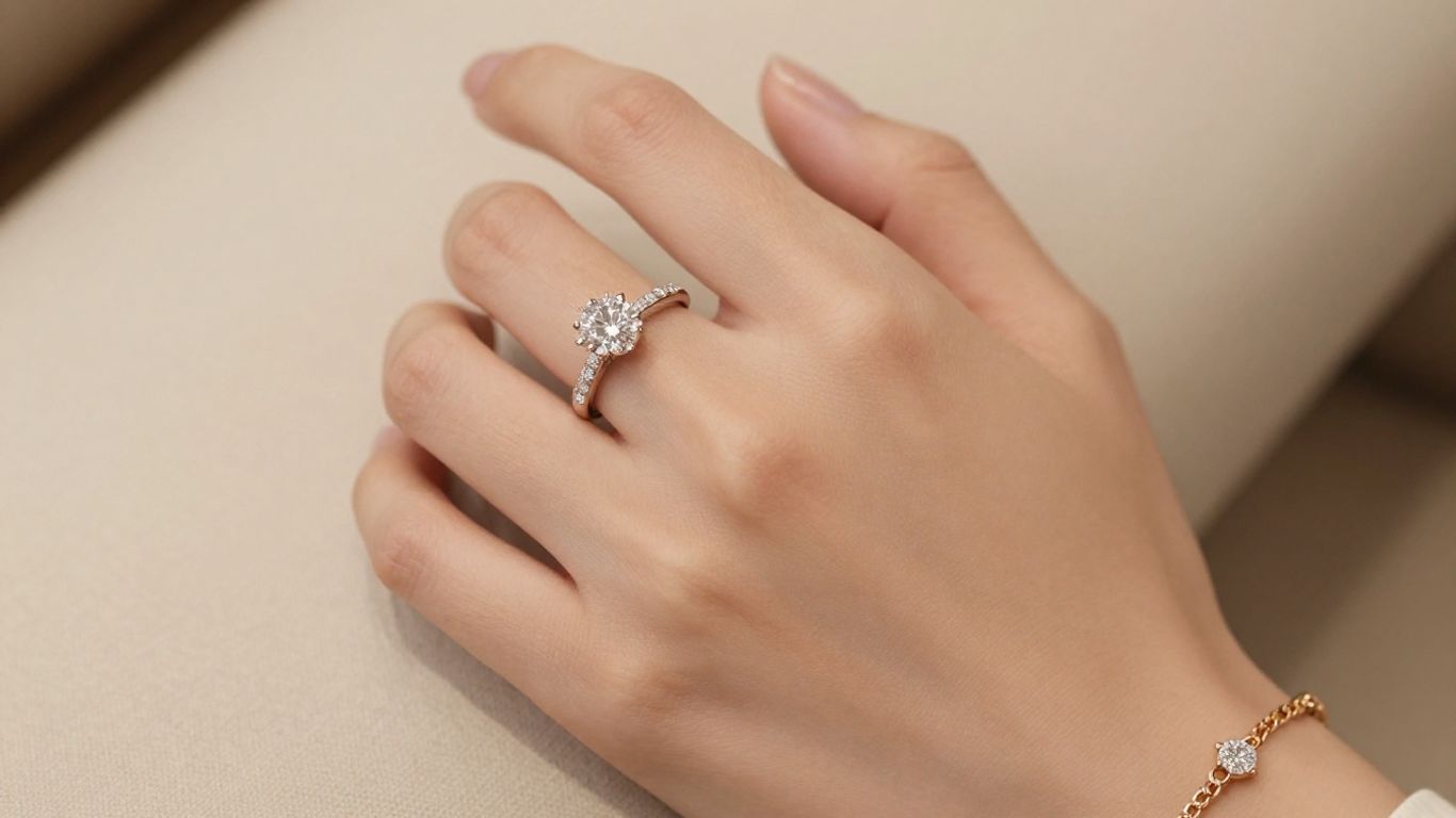 Sparkling diamond ring and gold bracelet on a woman's hand.