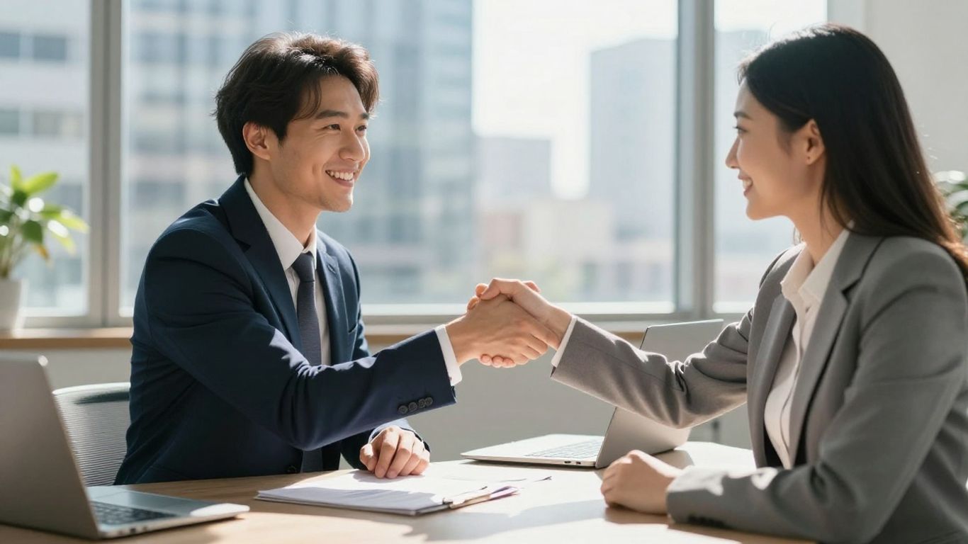 Financial consultant and client shaking hands, city view.