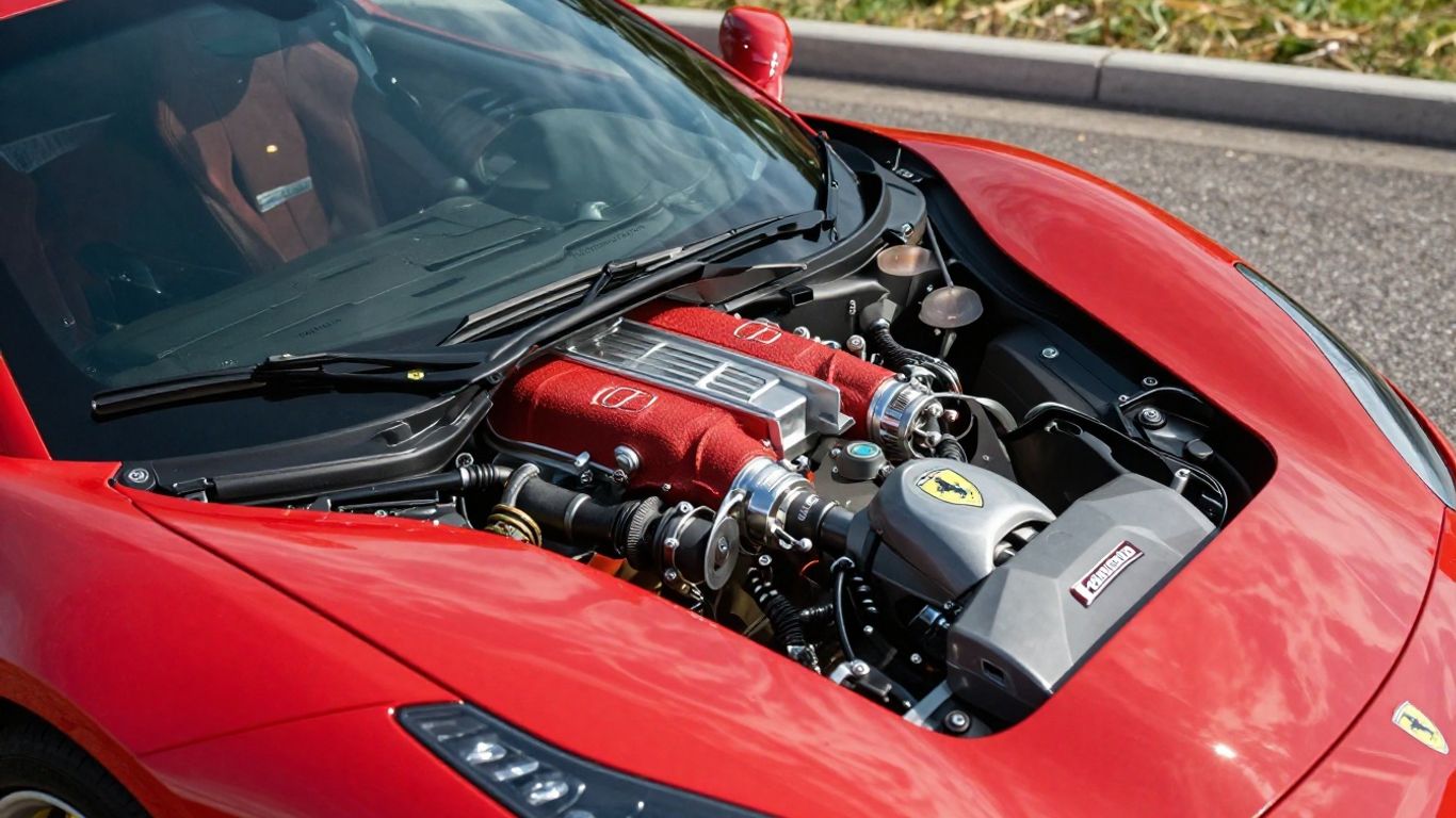 Ferrari 488 with hood open on roadside