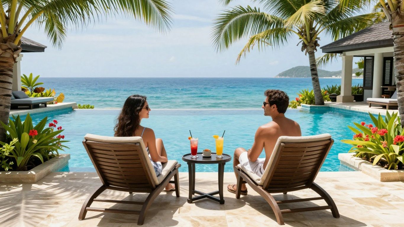 Couple relaxing beside a tropical infinity pool