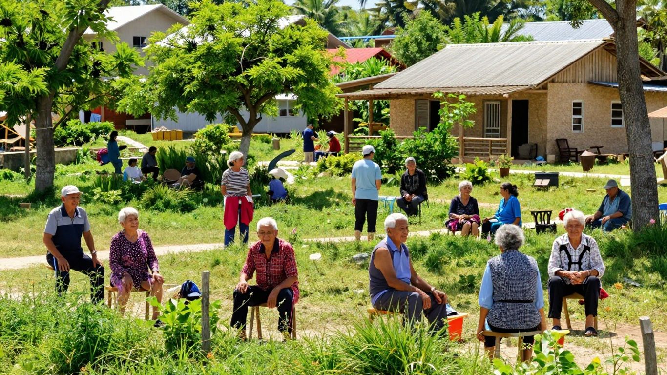 Pessoas idosas sorrindo em uma paisagem ensolarada.