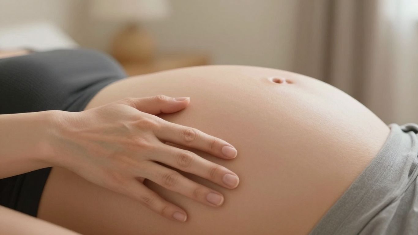 Mujer embarazada tocando su abdomen con línea alba.