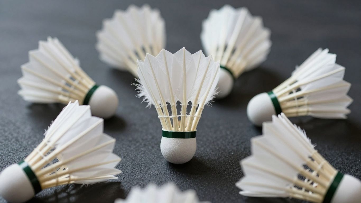 Feather badminton birdies on a dark surface.