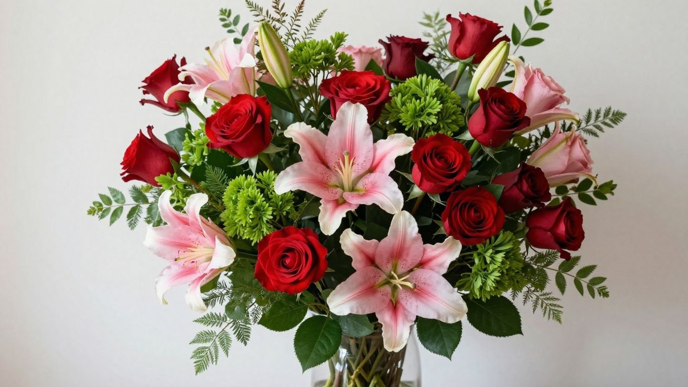 Beautiful floral arrangement with roses and lilies.