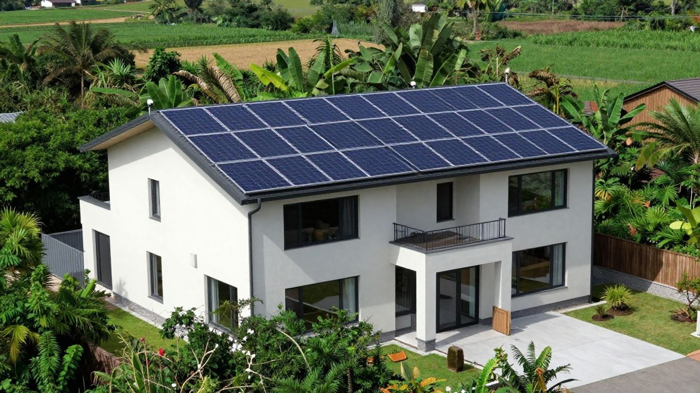 Remote home with solar panels and security cameras.