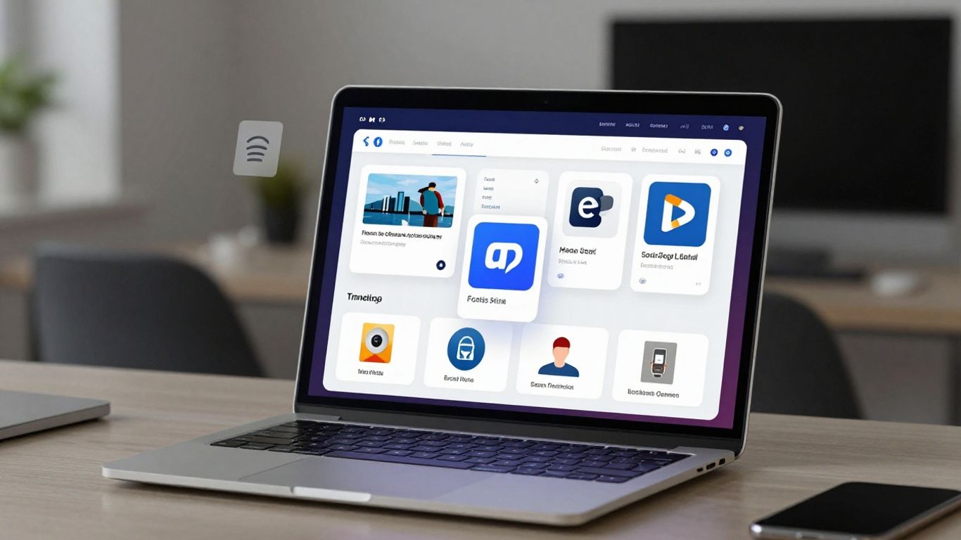 Social media dashboard on a laptop with connected platform icons.