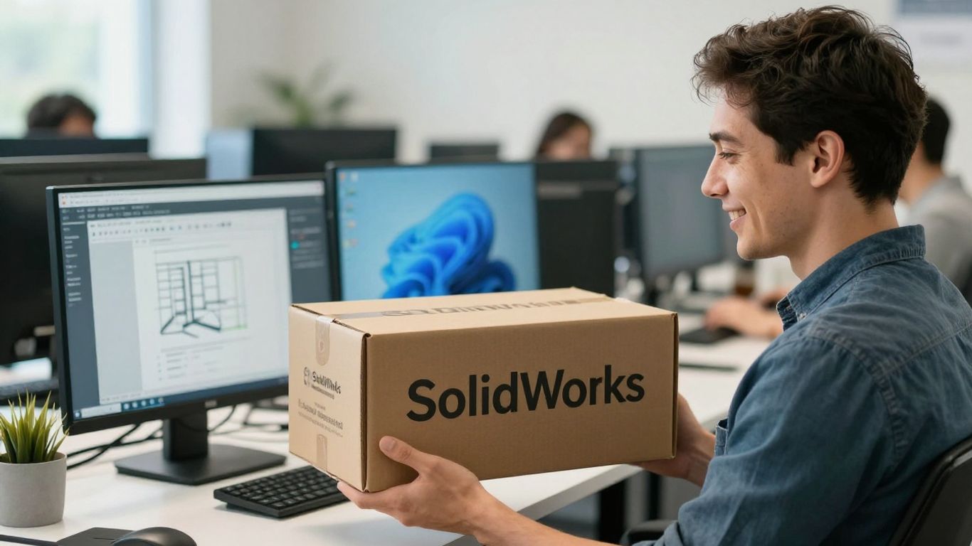SolidWorks software box held by a person.
