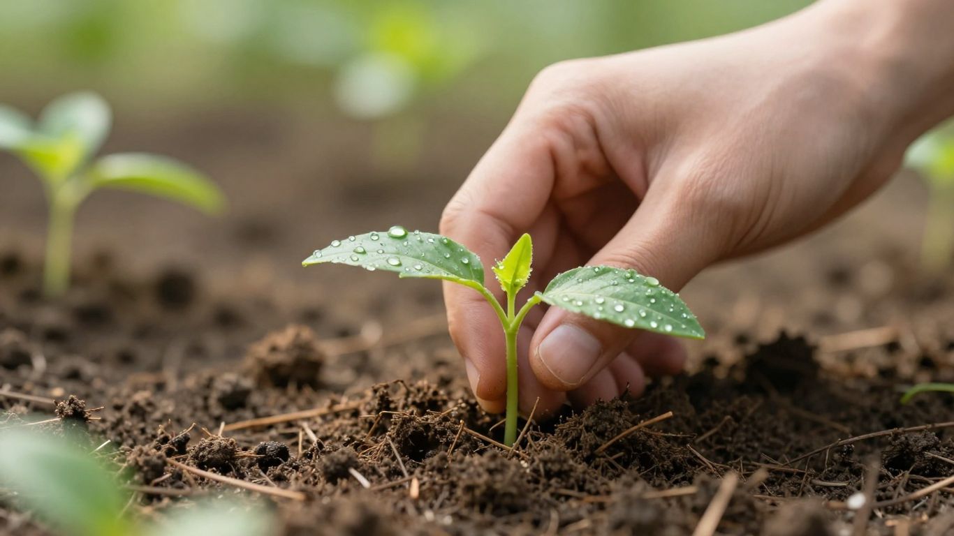 Person pflanzt einen jungen Spross im Frühling.