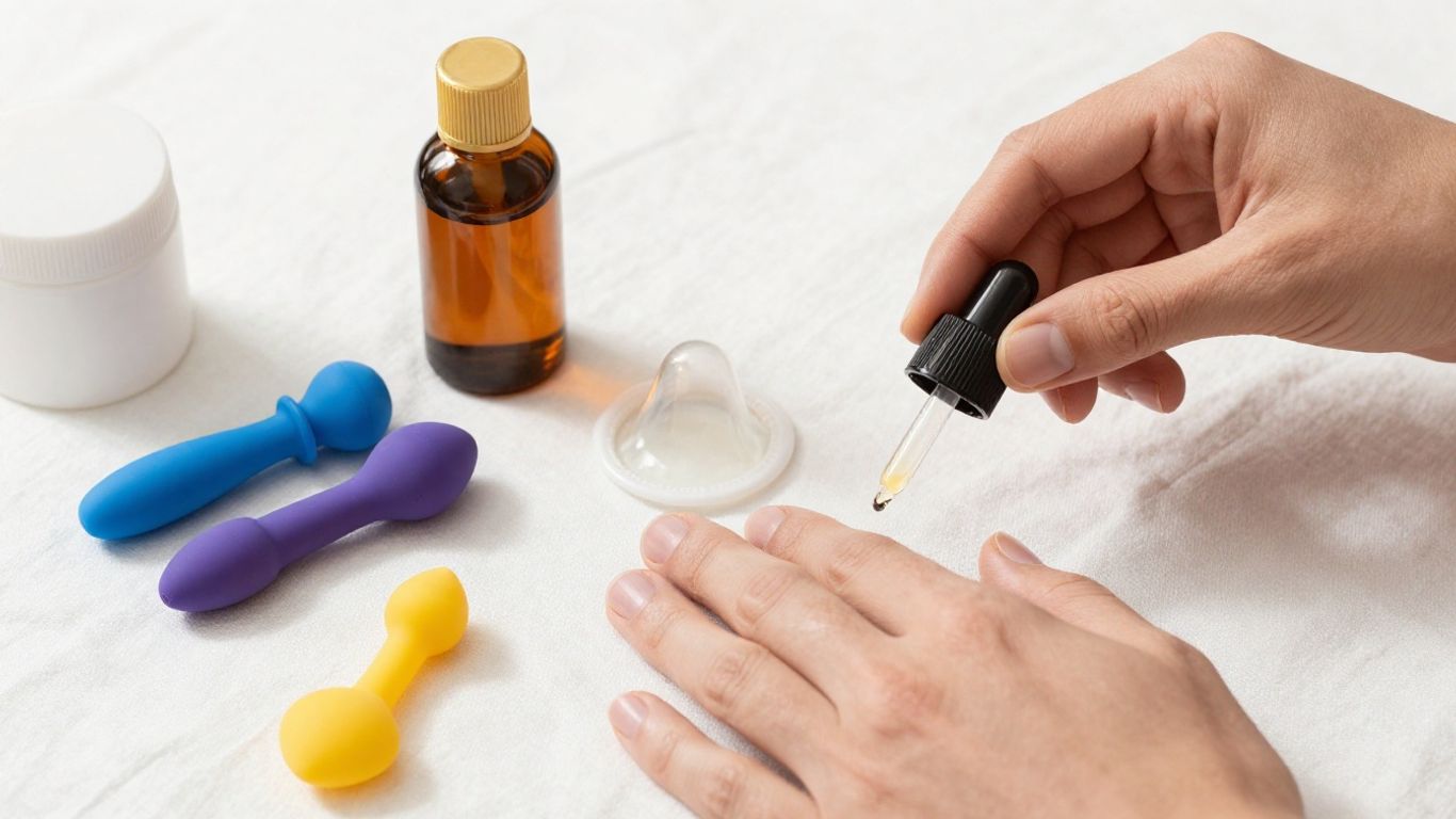 Hands checking lubricant beside condoms and sex toys