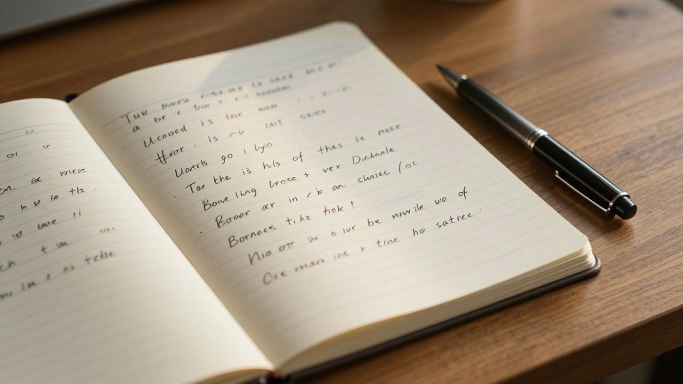 A notebook with handwritten song lyrics on a desk