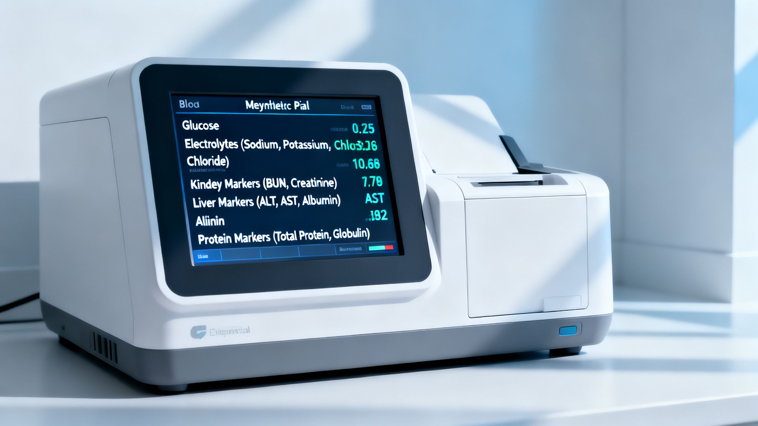 Blood chemistry laboratory analyzer displaying comprehensive metabolic panel results for glucose, electrolytes, kidney, liver, and protein markers