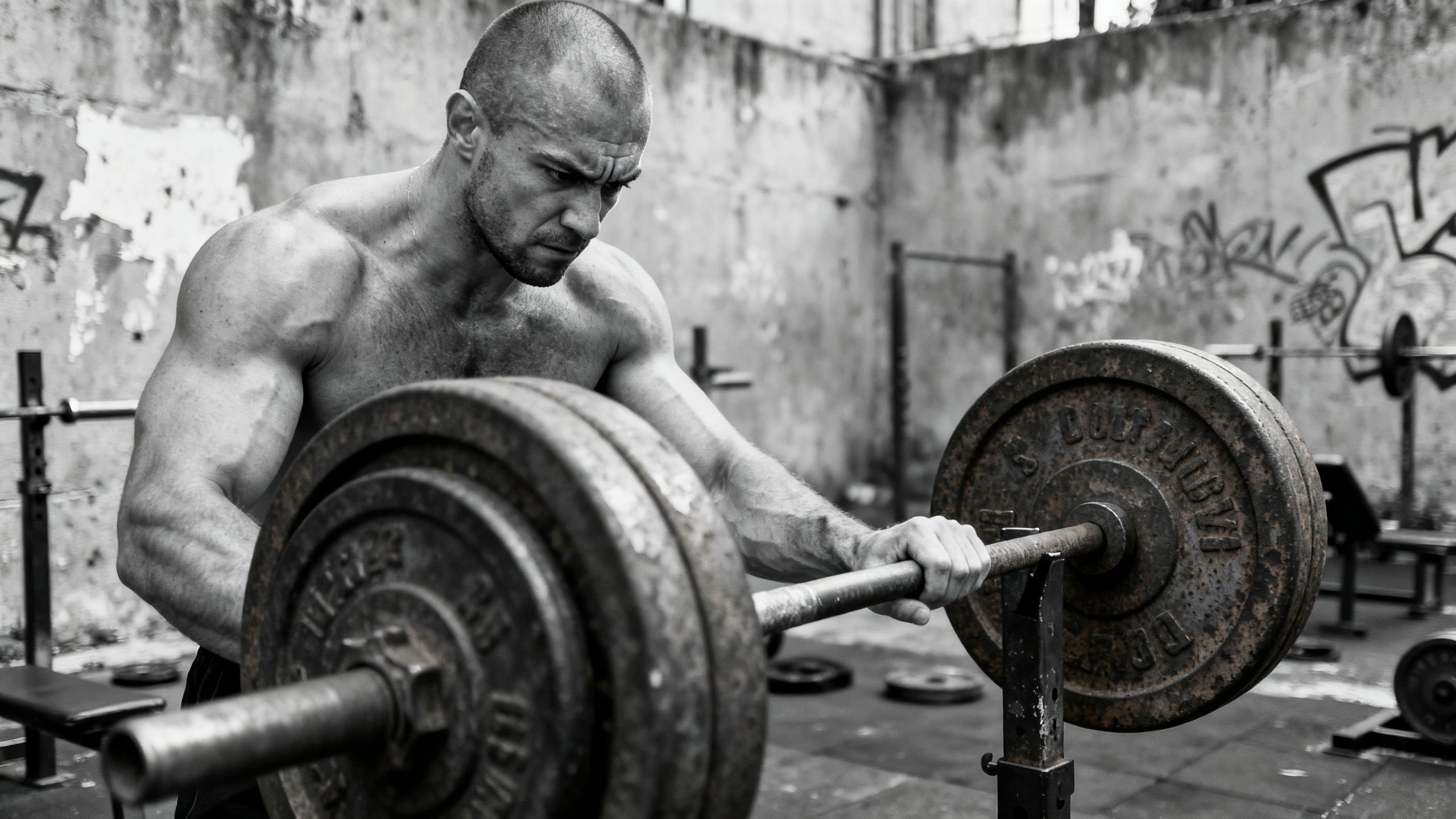A determined strongman adjusting weights on a barbell in a gritty, outdoor gym, focused on his workout despite the challenging environment.