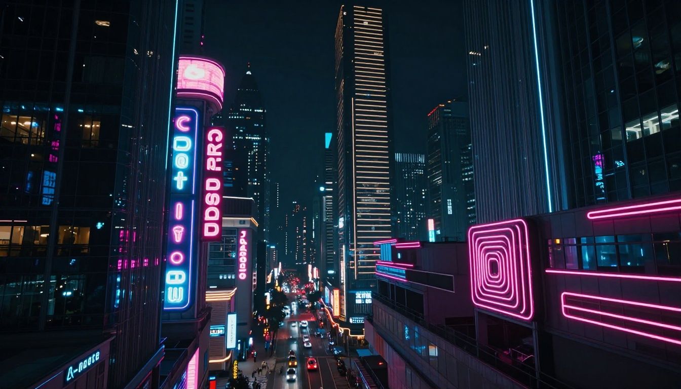 Vista panorâmica de Night City com luzes neon e atmosfera cyberpunk
