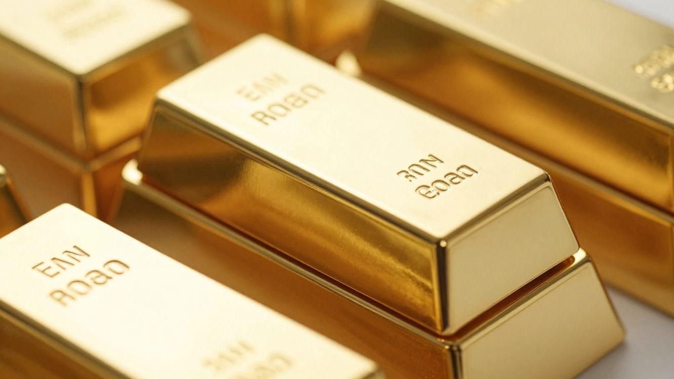 Lingots d'or brillants empilés, gros plan.