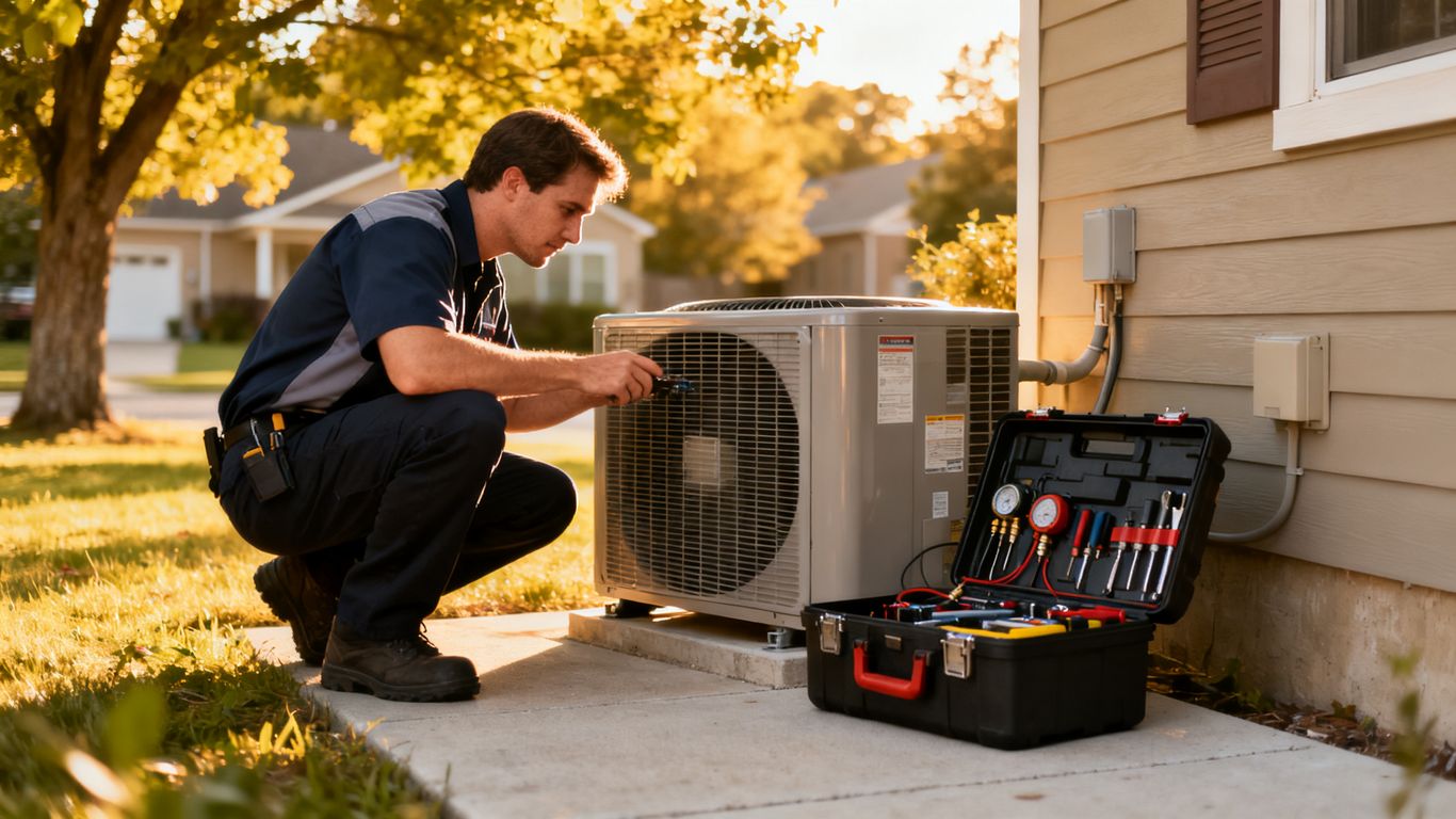 Air conditioning technician inspecting outdoor condenser