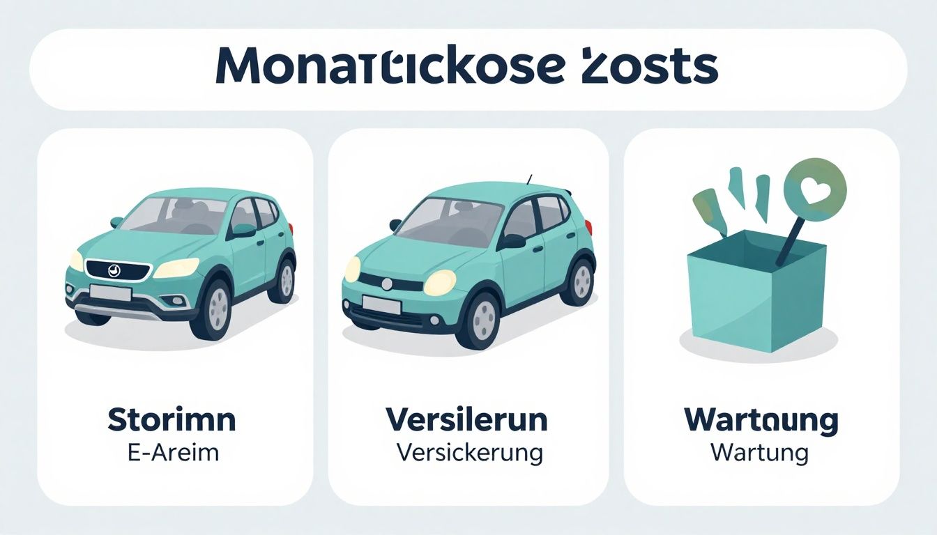 Eine Infografik, die die monatlichen Kosten eines E-Autos aufschlüsselt: Strom, Versicherung, Wartung.