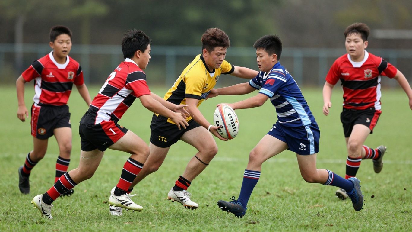 Schoolboys rugby league players in action on a field.