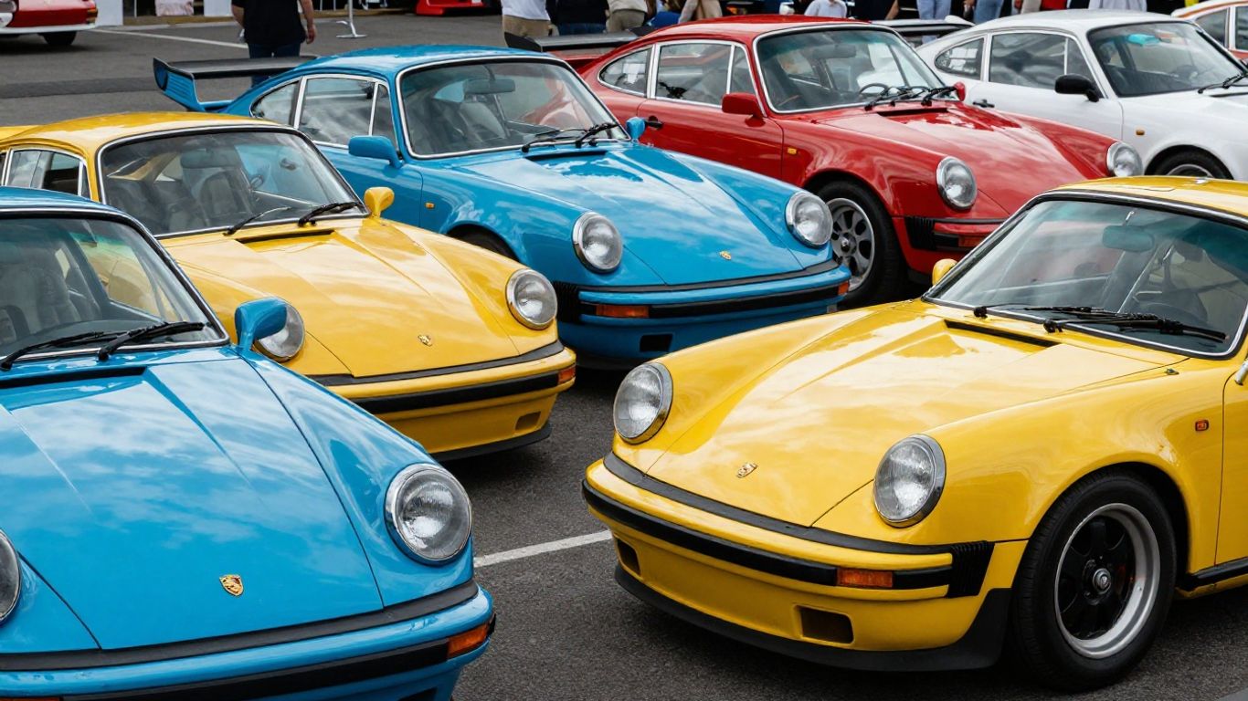 Classic Porsche race cars at a motorsport heritage event.