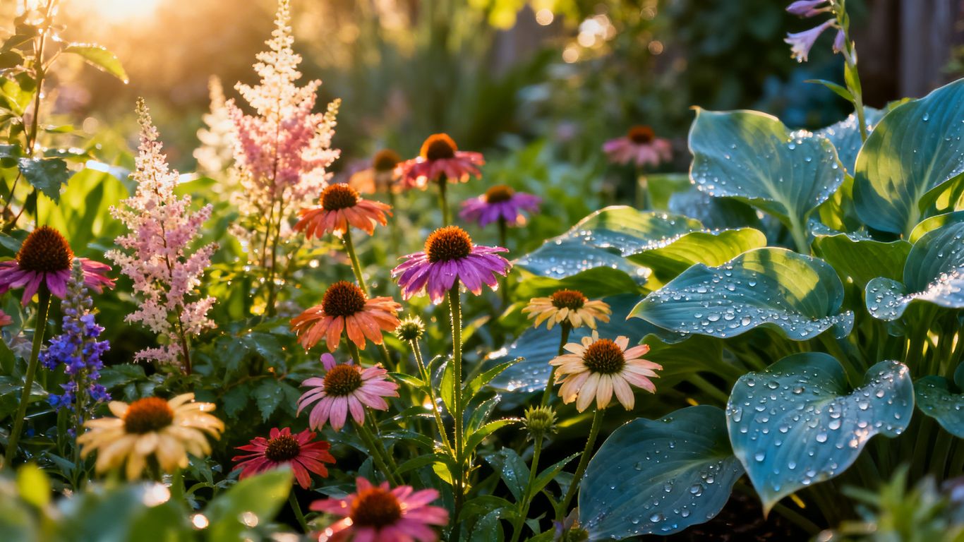 Deer resistant flowers in a lush garden bed.