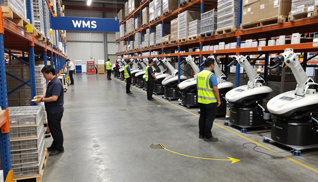 Workflow diagram showing a WMS feeding data into CognitOps, which then orchestrates tasks for human workers and AMR robots in a warehouse