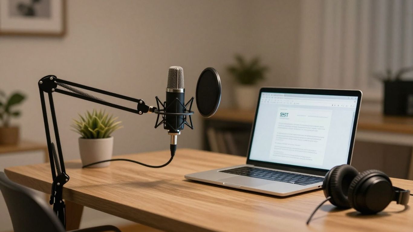 Micrófono y equipo de podcast en un estudio casero.
