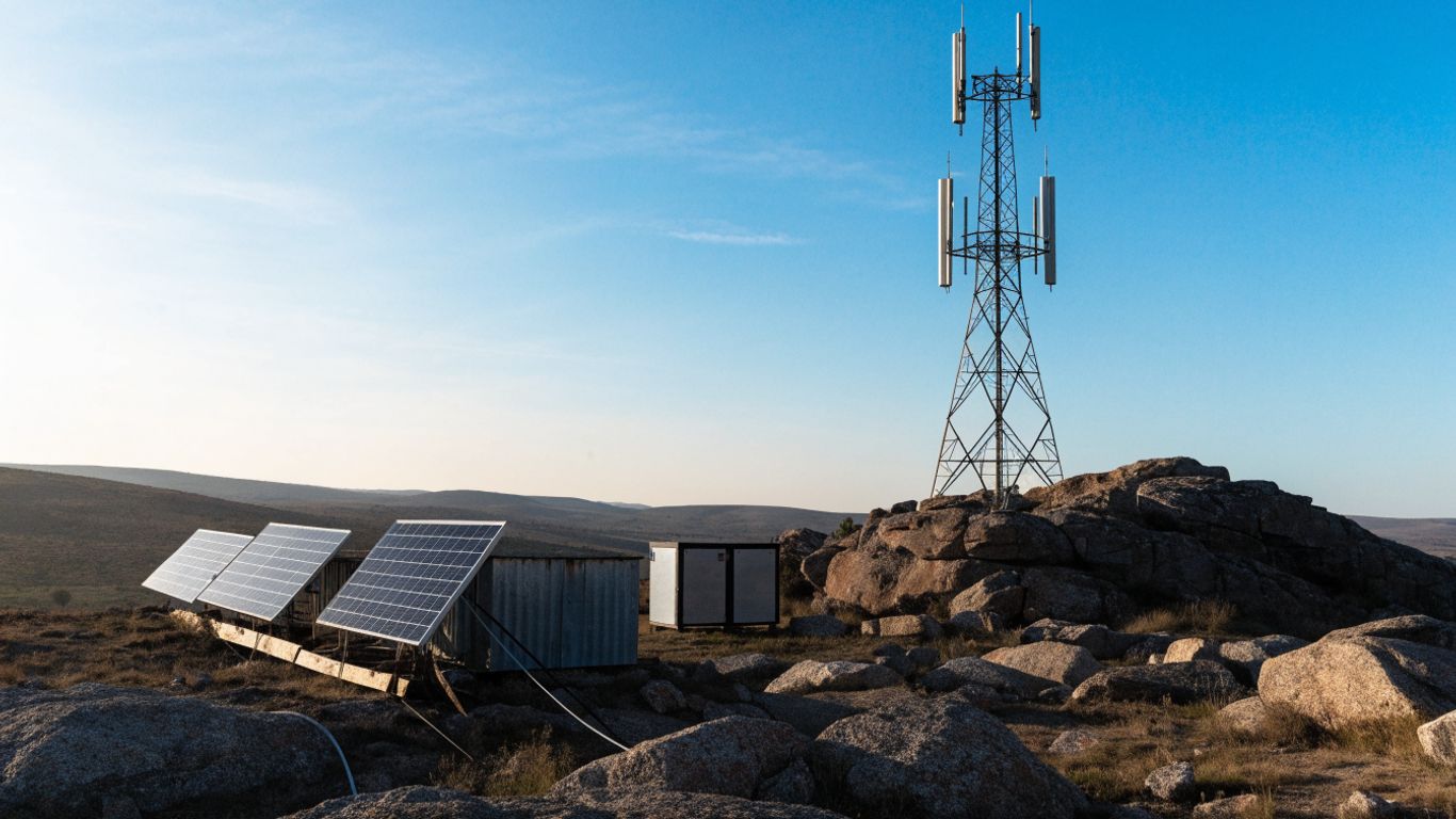 Solar panels beside a remote telecommunications tower