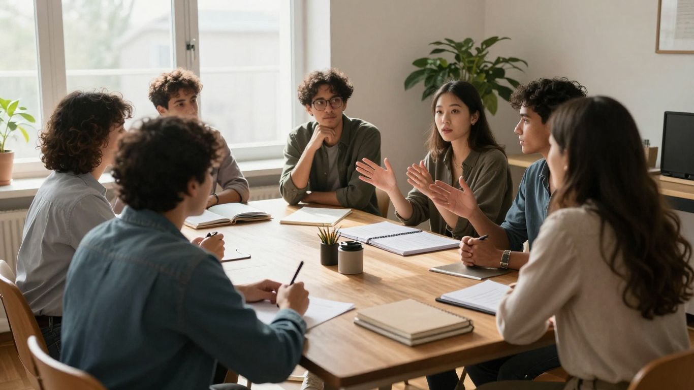 People in a community meeting discussing housing support.