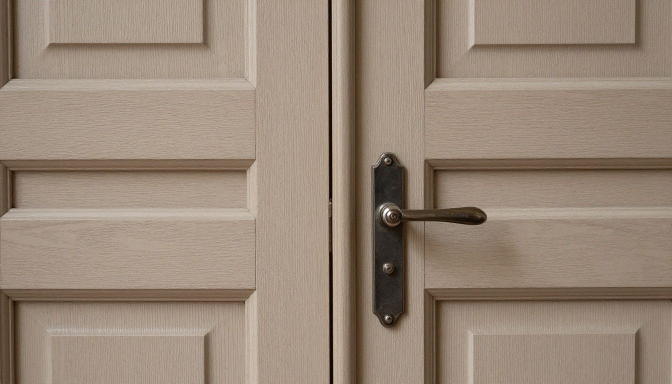 Closeup of grain-filled, painted oak cabinet door
