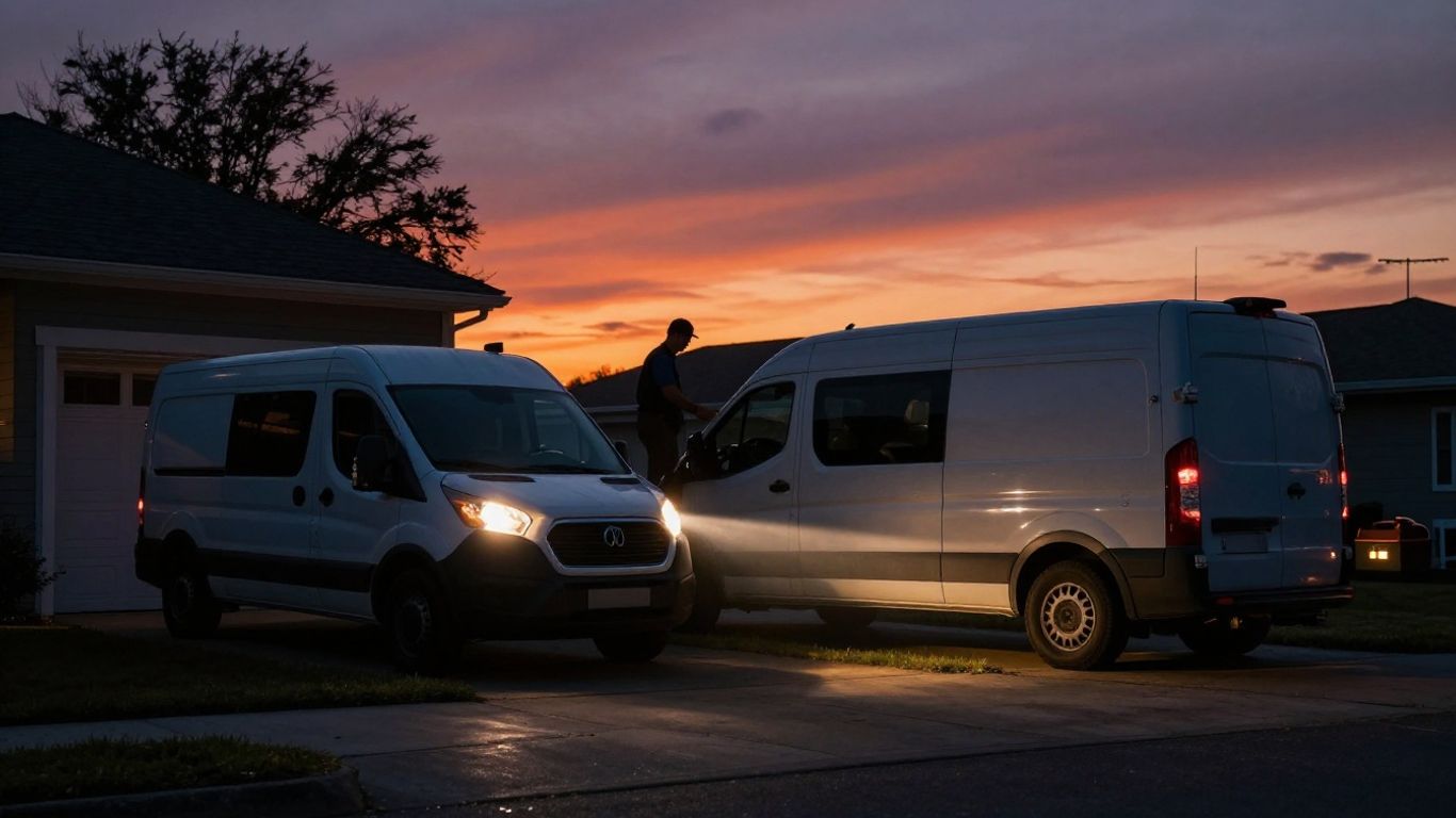 Contractor van at dusk, capturing leads after hours.