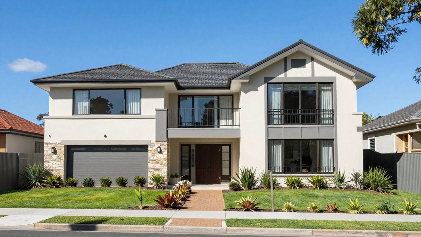 Australian home with sunny sky and green garden.