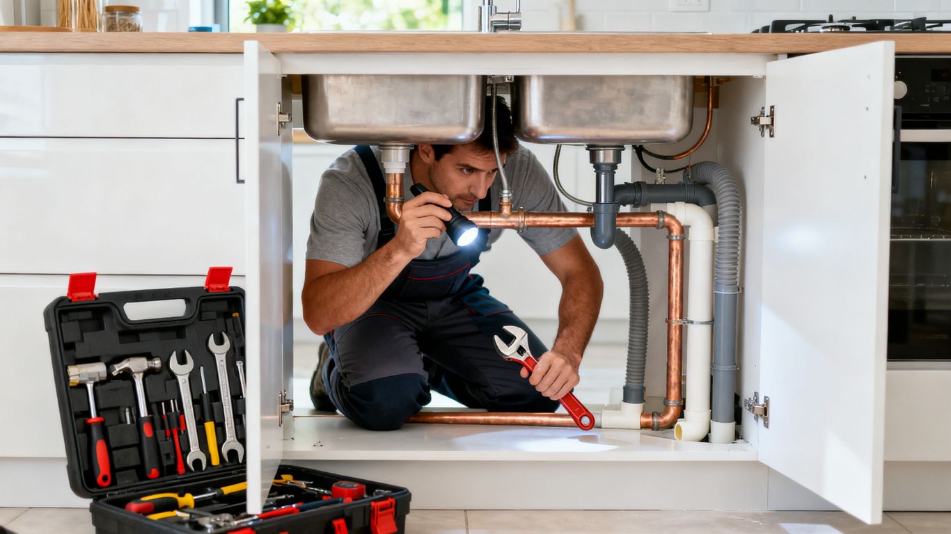 Plumber inspecting household pipes beneath a kitchen sink