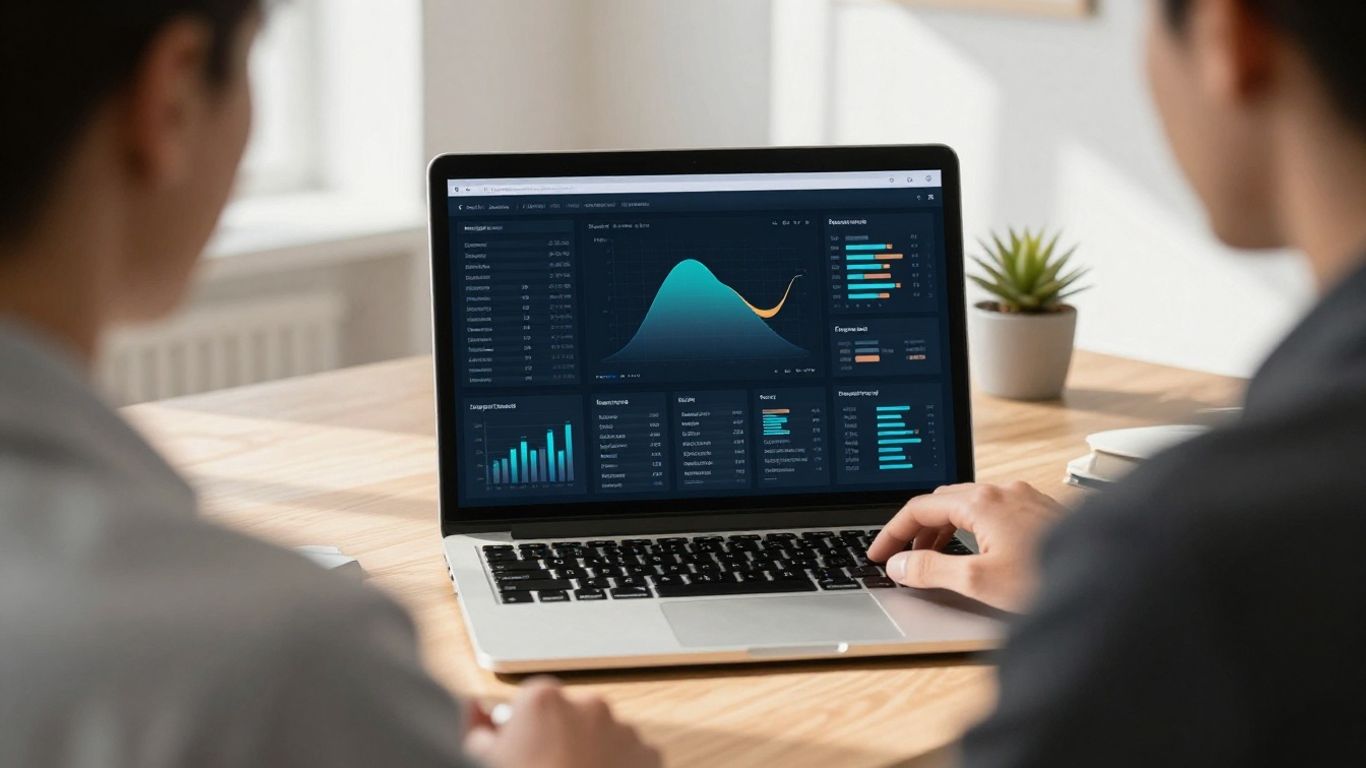 Person analyzing data on a laptop in a bright office.