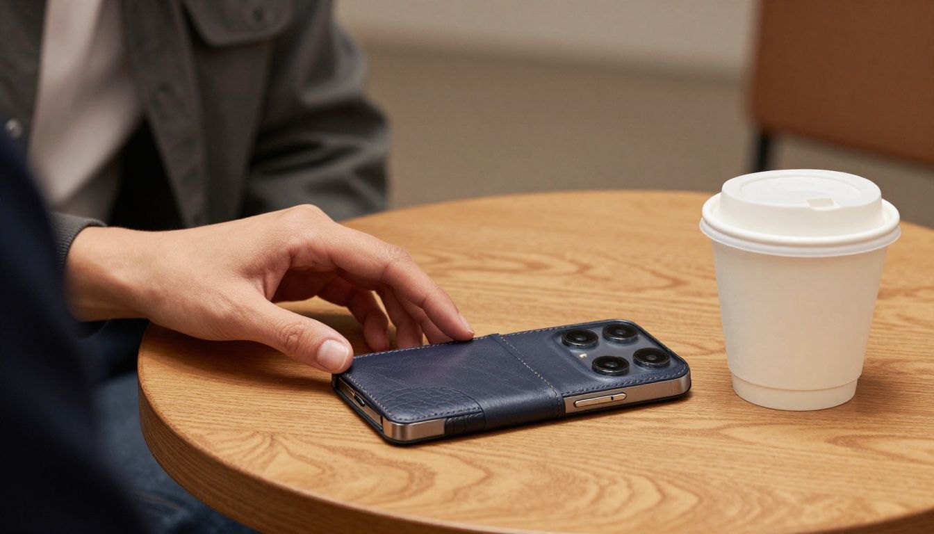 A person in a cafe placing their Samsung Galaxy S26 Ultra in a stylish leather case onto a wooden table next to a coffee cup.