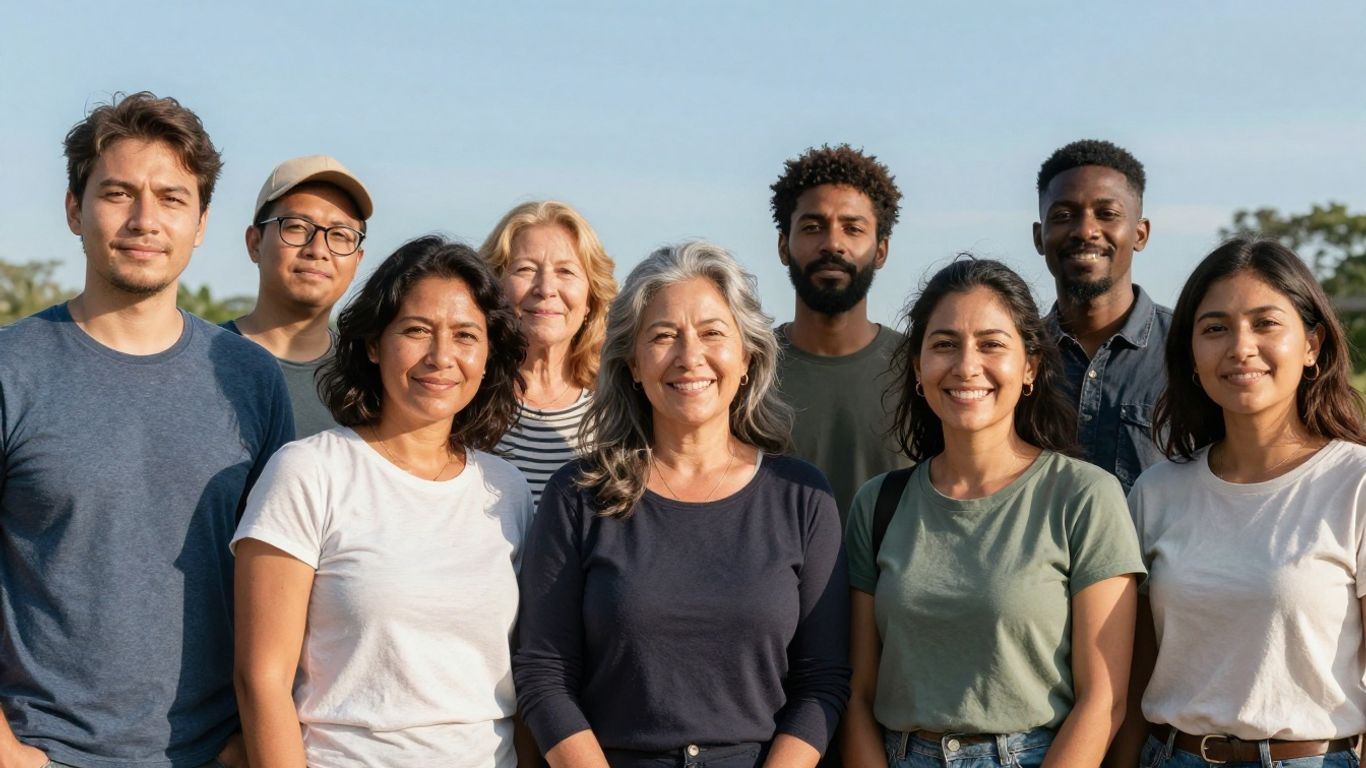 Diverse group of people united under a hopeful sky.