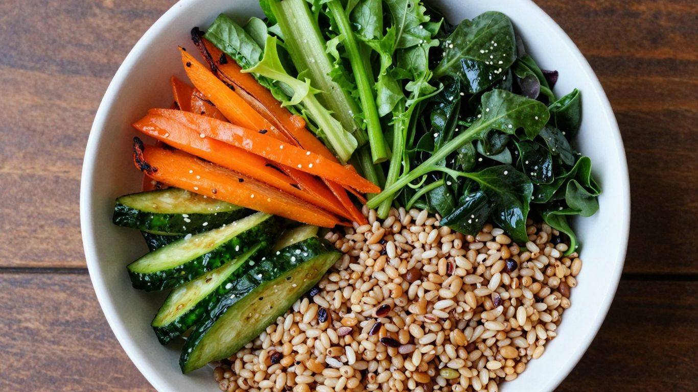 Colorful grain bowl with fresh ingredients, overhead view.